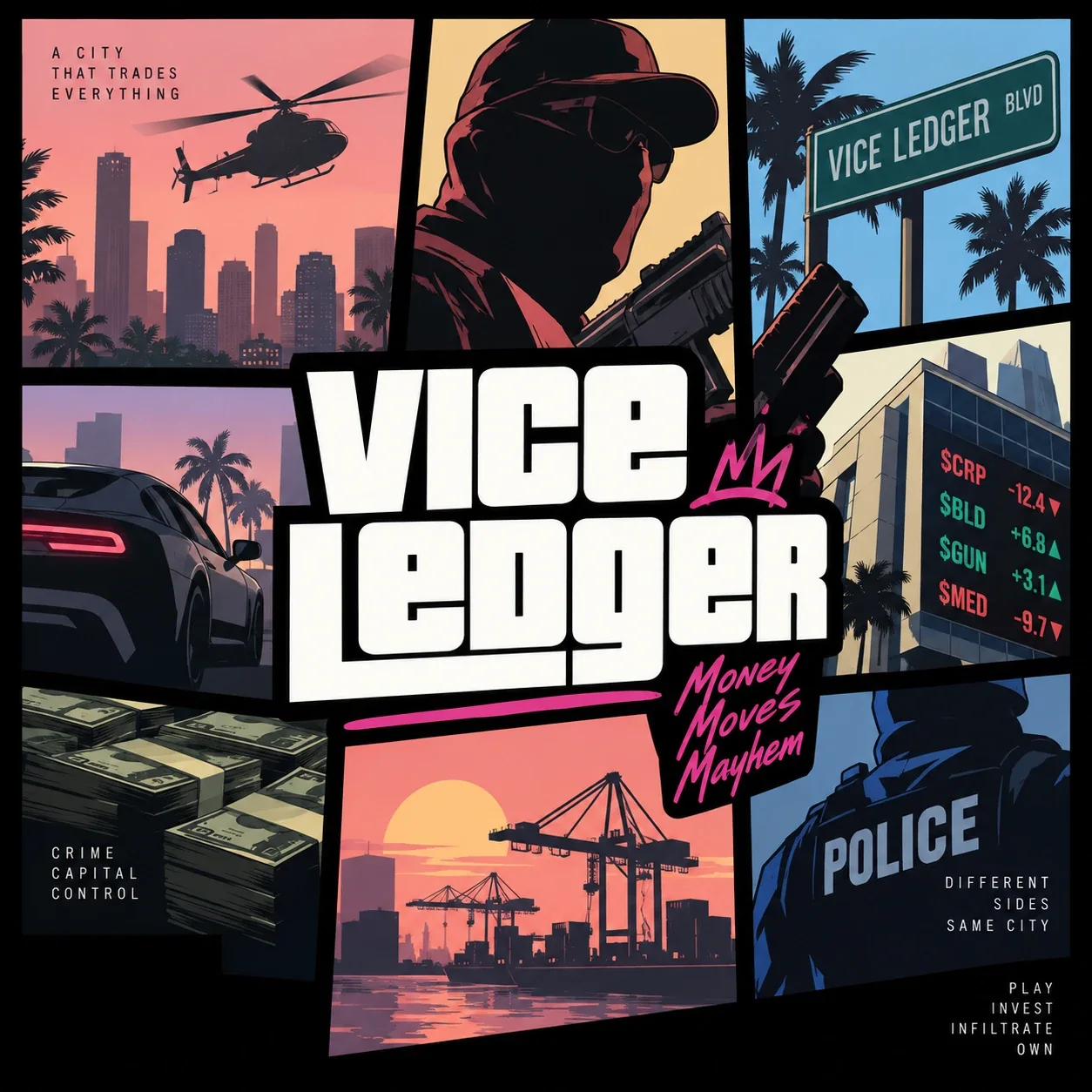 ViceLedger key art: a comic-style collage around the Vice Ledger logo and the script line “Money Moves Mayhem” — a sunset skyline with a helicopter, a masked figure with a gun, a Vice Ledger Blvd street sign, a sports car, stacks of cash, a ticker board of fictional in-game companies, cargo cranes at a port and a police officer. Small lettering in the corners reads “A city that trades everything”, “Crime, capital, control”, “Different sides, same city” and “Play, invest, infiltrate, own”.